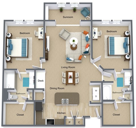 Floor plan for 2 beds, 2 baths, 1263 sqft